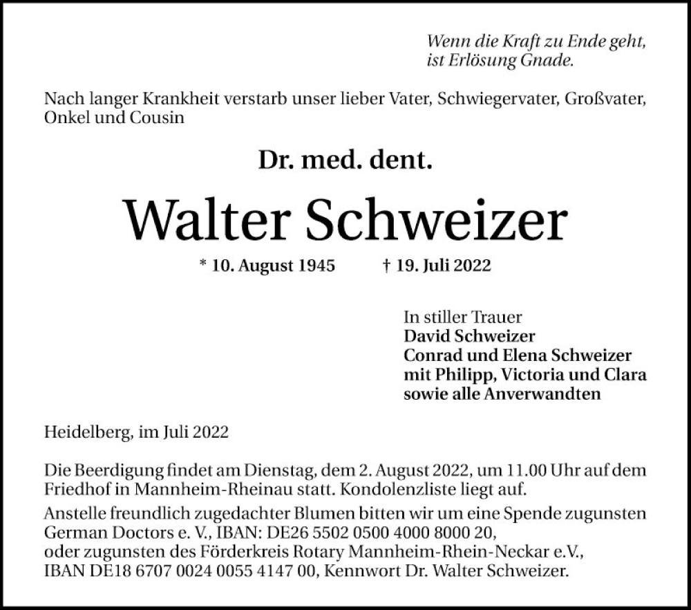  Traueranzeige für Walter Schweizer vom 23.07.2022 aus Mannheimer Morgen