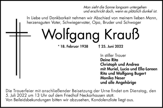 Traueranzeige von Wolfgang Krauß von Mannheimer Morgen