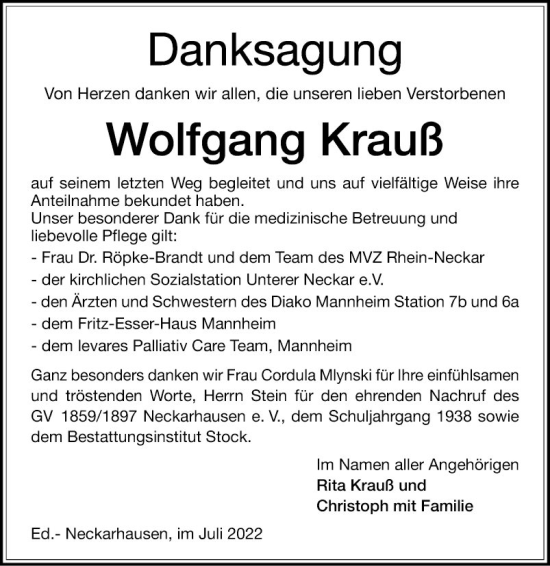 Traueranzeige von Wolfgang Krauß von Mannheimer Morgen