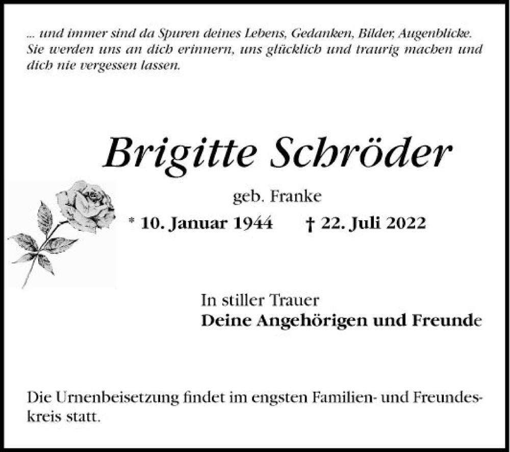 Traueranzeige für Brigitte Schröder vom 06.08.2022 aus Schwetzinger Zeitung