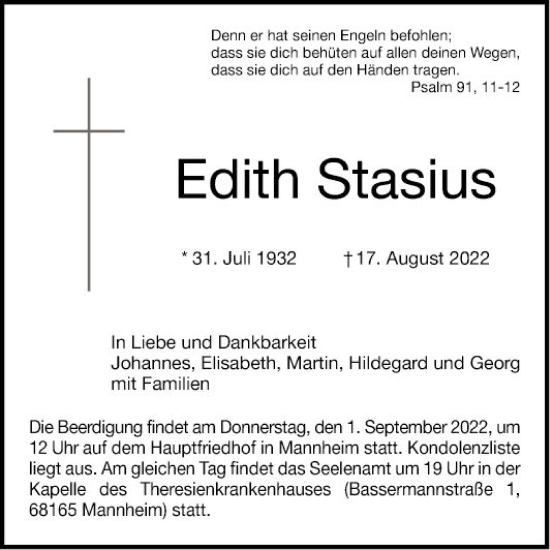 Traueranzeige von Edith Stasius von Mannheimer Morgen