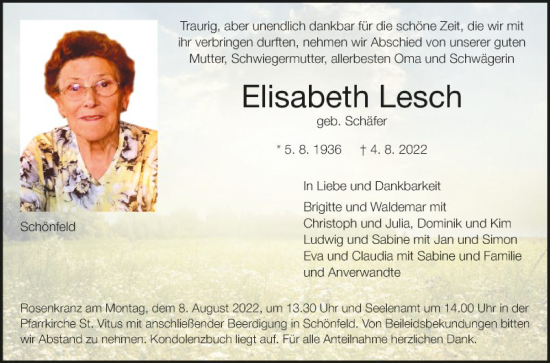 Traueranzeige von Elisabeth Lesch von Fränkische Nachrichten