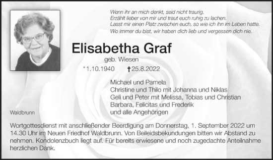 Traueranzeige von Elisabetha Graf von Fränkische Nachrichten