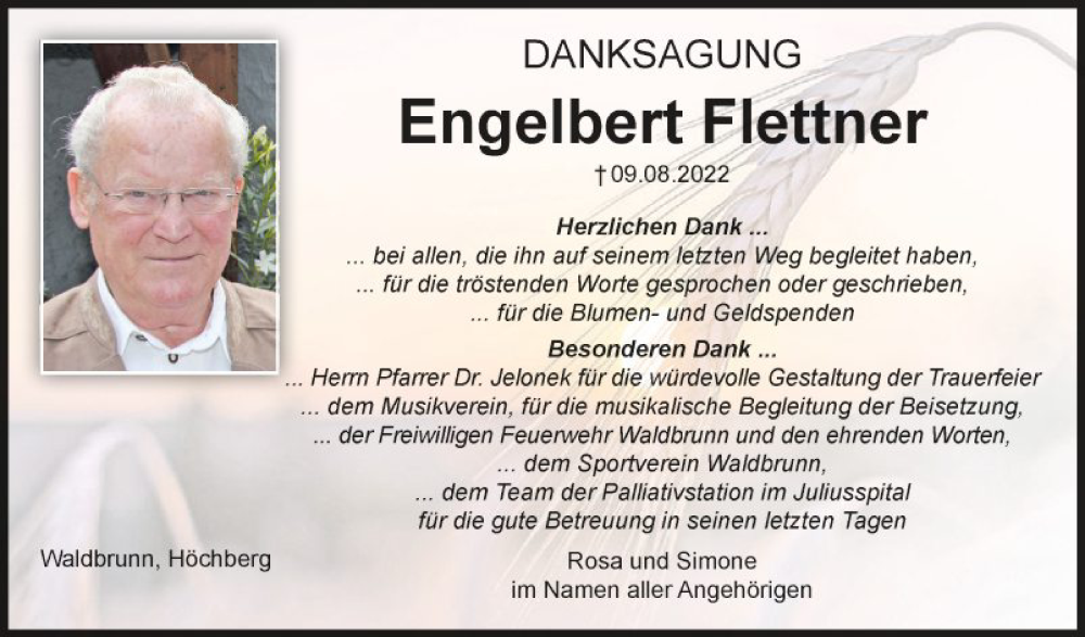  Traueranzeige für Engelbert Flettner vom 27.08.2022 aus Fränkische Nachrichten