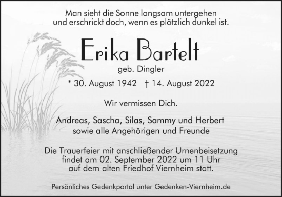 Traueranzeige von Erika Bartelt von Mannheimer Morgen