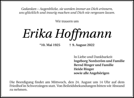 Traueranzeige von Erika Hoffmann von Schwetzinger Zeitung