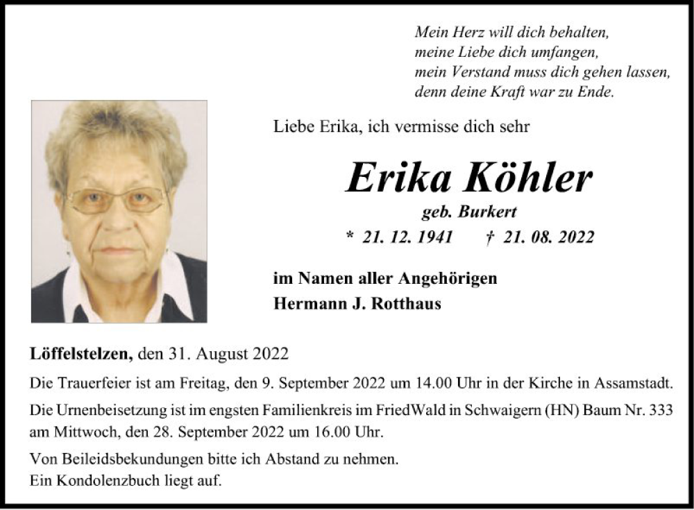  Traueranzeige für Erika Köhler vom 31.08.2022 aus Fränkische Nachrichten