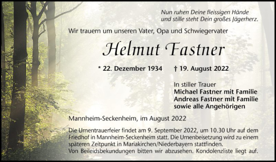 Traueranzeige von Helmut Fastner von Mannheimer Morgen