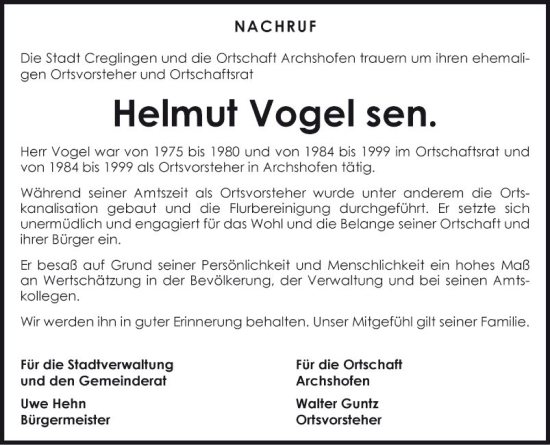 Traueranzeige von Helmut Vogel von Fränkische Nachrichten