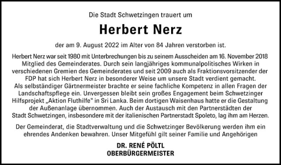 Traueranzeige von Herbert Nerz von Schwetzinger Zeitung