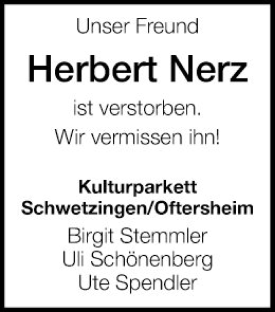 Traueranzeige von Herbert Nerz von Schwetzinger Zeitung