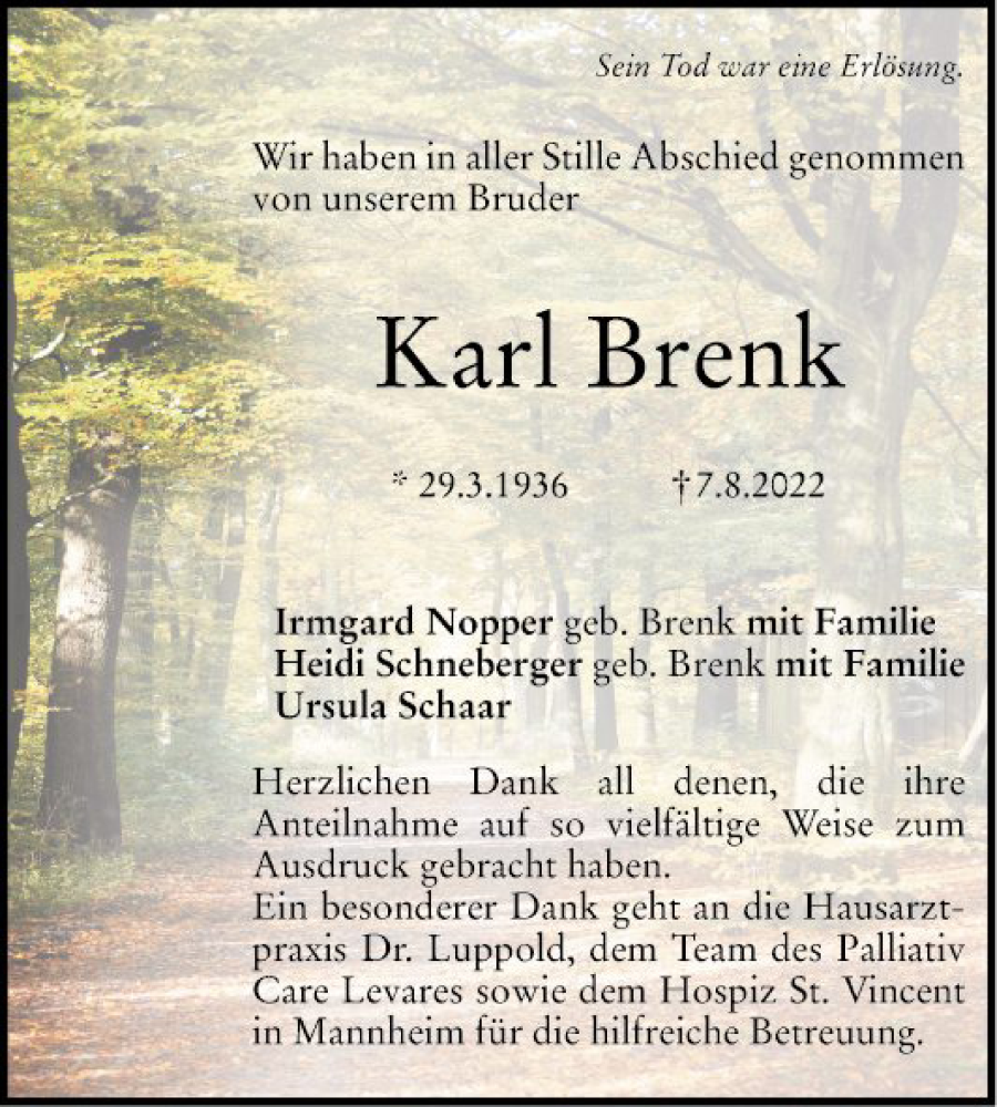  Traueranzeige für Karl Brenk vom 27.08.2022 aus Mannheimer Morgen