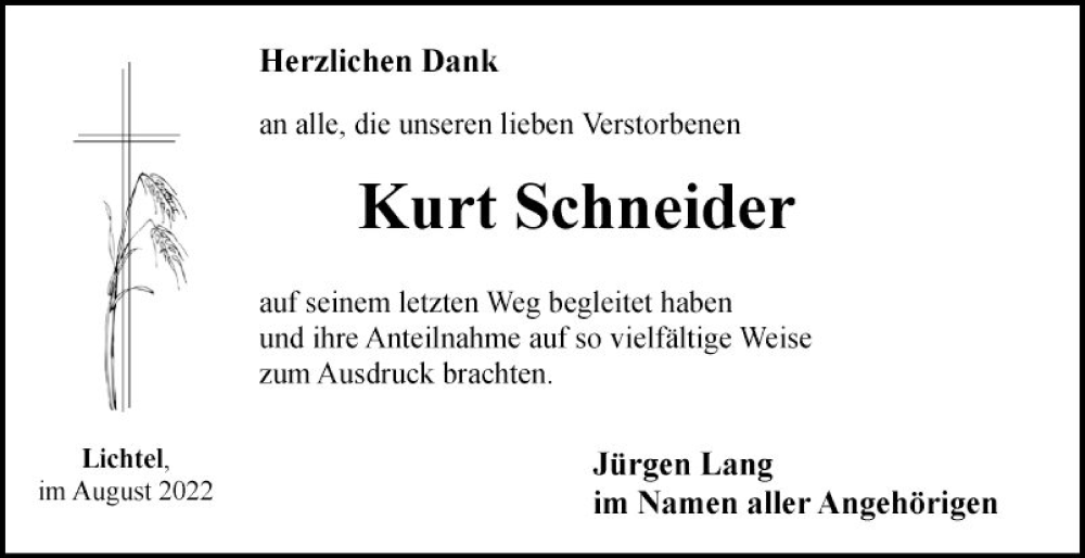  Traueranzeige für Kurt Schneider vom 17.08.2022 aus Fränkische Nachrichten