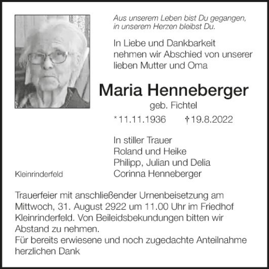 Traueranzeige von Maria Henneberger von Fränkische Nachrichten