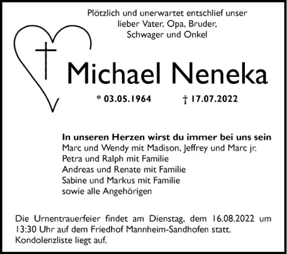  Traueranzeige für Michael Neneka vom 06.08.2022 aus Mannheimer Morgen