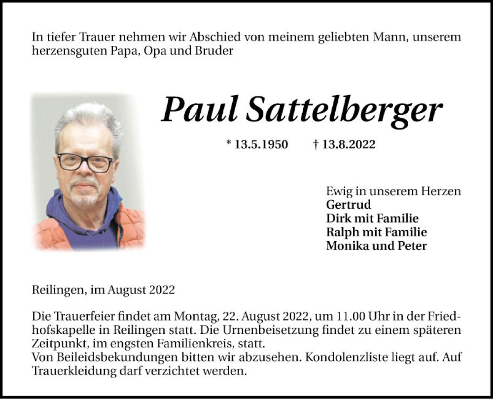  Traueranzeige für Paul Sattelberger vom 20.08.2022 aus Schwetzinger Zeitung