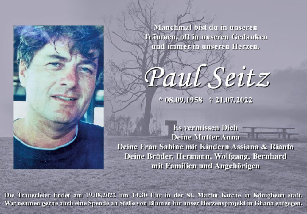  Traueranzeige für Paul Seitz vom 13.08.2022 aus Fränkische Nachrichten