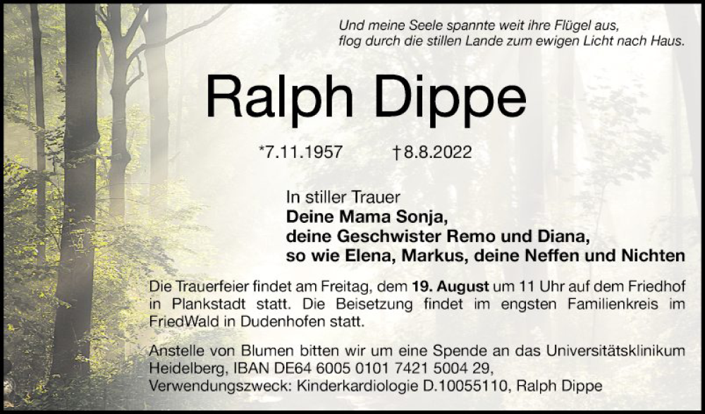  Traueranzeige für Ralph Dippe vom 13.08.2022 aus Schwetzinger Zeitung
