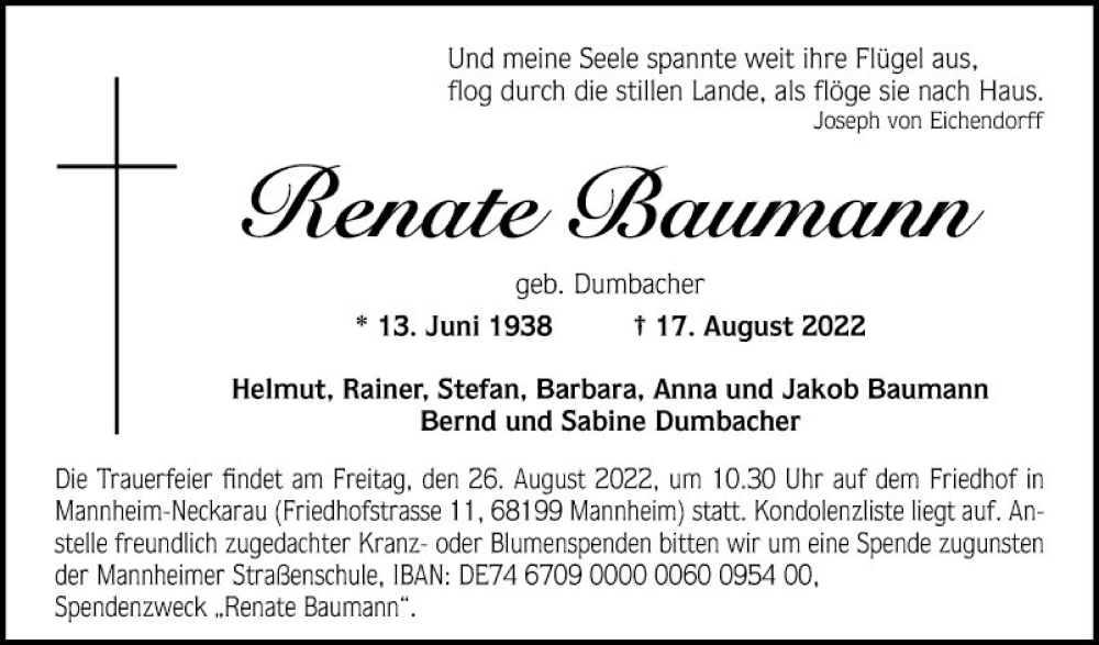 Traueranzeige für Renate Baumann vom 24.08.2022 aus Mannheimer Morgen
