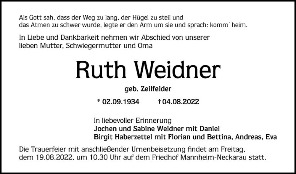  Traueranzeige für Ruth Weidner vom 13.08.2022 aus Mannheimer Morgen