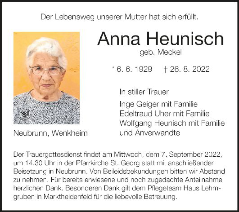  Traueranzeige für Anna Heunisch vom 03.09.2022 aus Fränkische Nachrichten