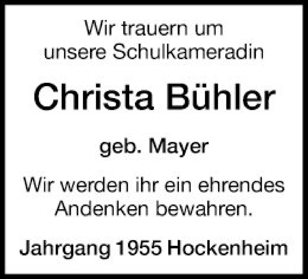  Traueranzeige für Christa Bühler vom 02.09.2022 aus Schwetzinger Zeitung