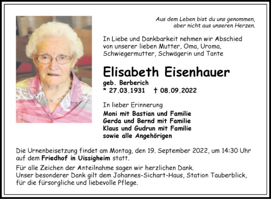 Traueranzeige von Elisabeth Eisenhauer von Fränkische Nachrichten