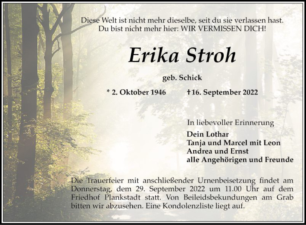  Traueranzeige für Erika Stroh vom 24.09.2022 aus Schwetzinger Zeitung