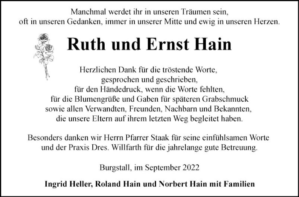  Traueranzeige für Ernst Hain vom 17.09.2022 aus Fränkische Nachrichten