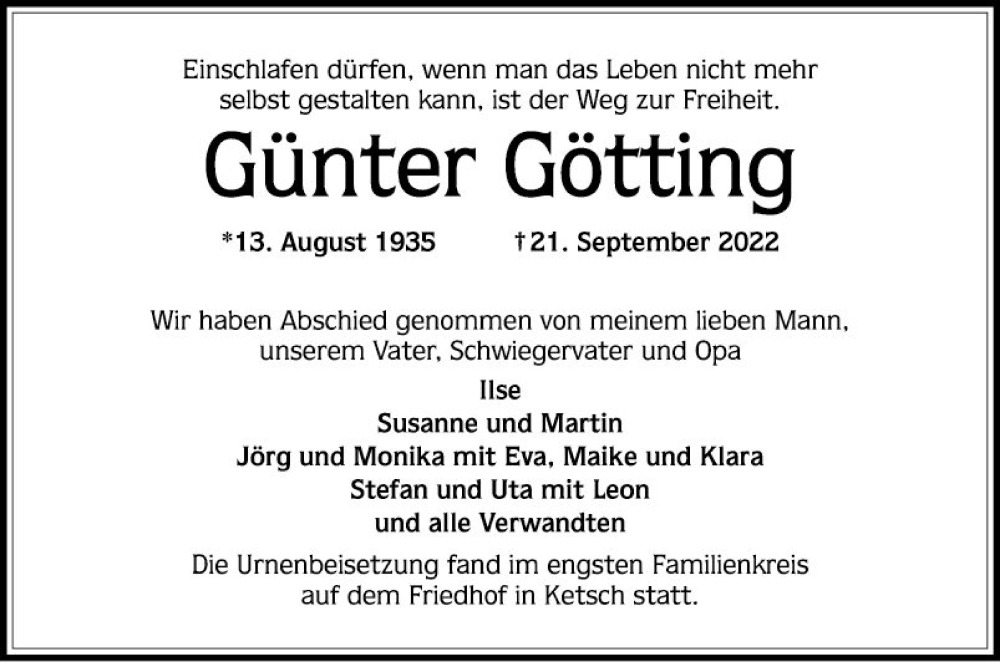  Traueranzeige für Günter Götting vom 30.09.2022 aus Schwetzinger Zeitung