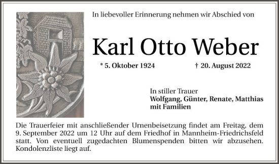 Traueranzeige von Karl Otto Weber von Mannheimer Morgen