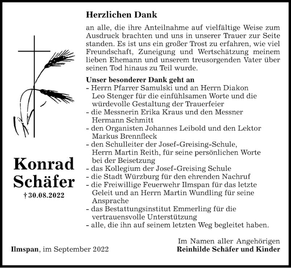 Traueranzeige für Konrad Schäfer vom 24.09.2022 aus Fränkische Nachrichten