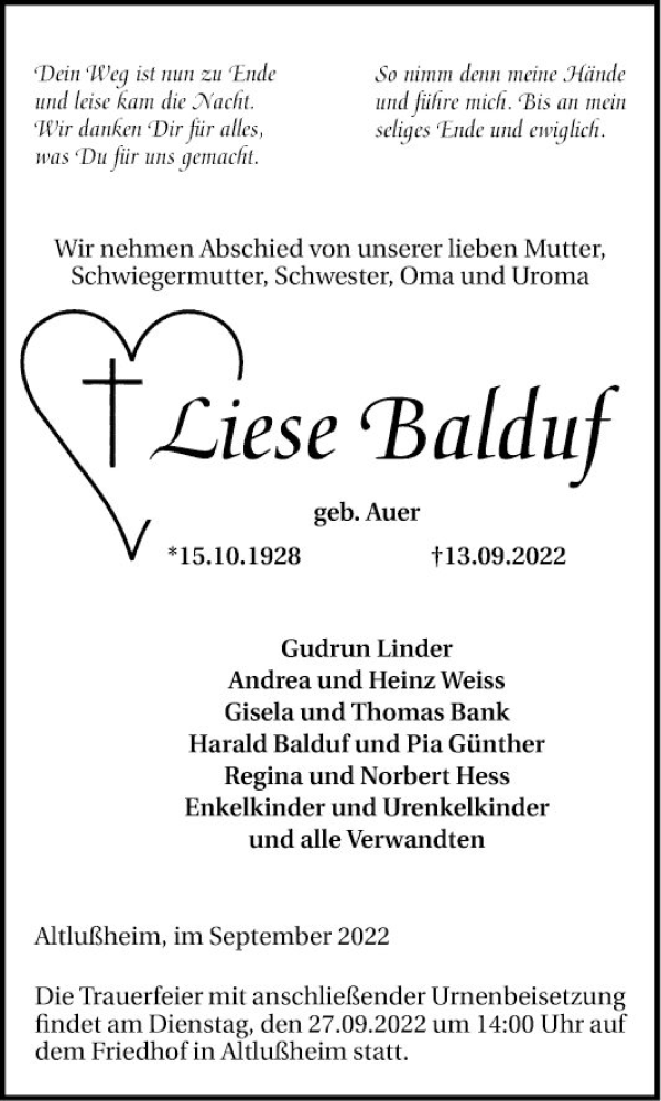  Traueranzeige für Liese Balduf vom 23.09.2022 aus Schwetzinger Zeitung