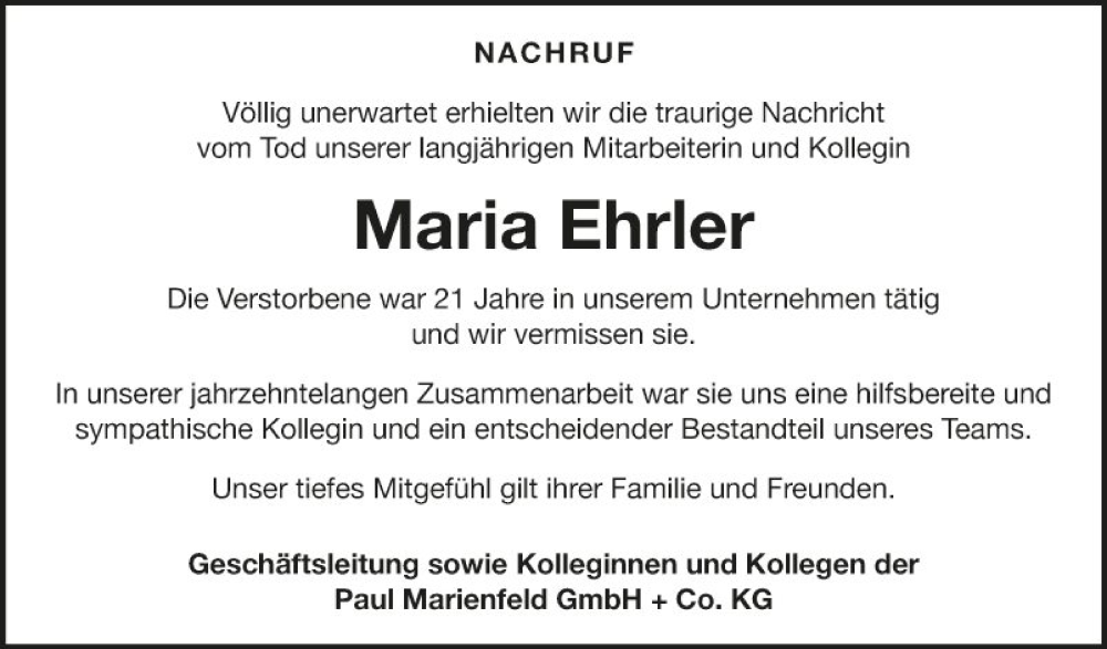  Traueranzeige für Maria Ehrler vom 17.09.2022 aus Fränkische Nachrichten