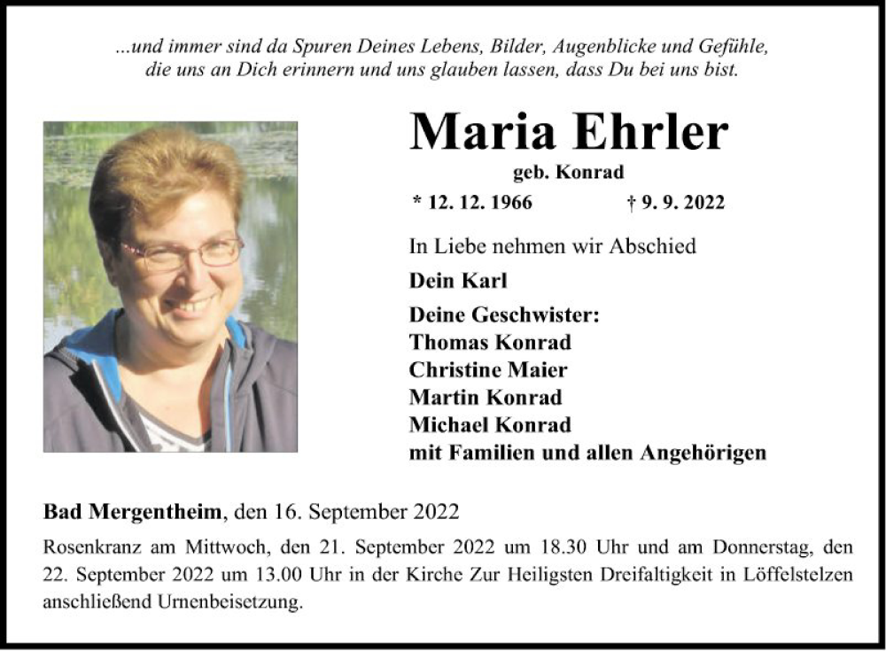  Traueranzeige für Maria Ehrler vom 16.09.2022 aus Fränkische Nachrichten