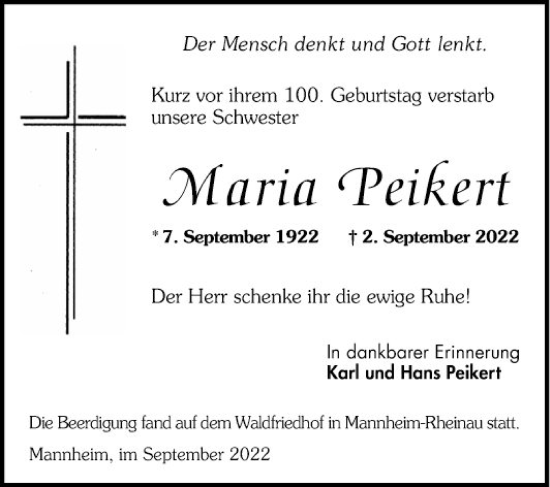 Traueranzeige von Maria Peikert von Mannheimer Morgen