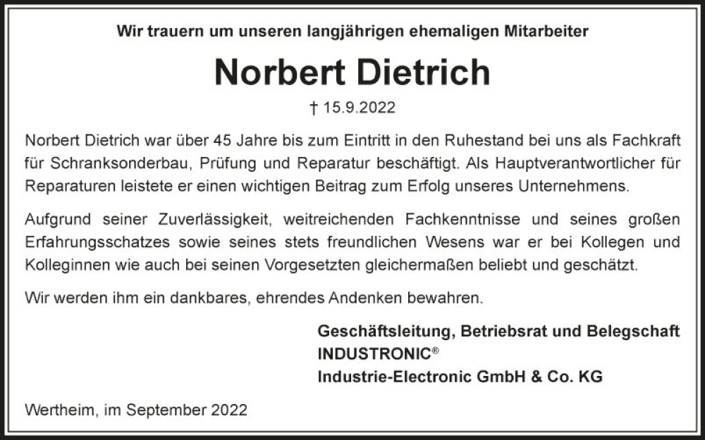  Traueranzeige für Norbert Dietrich vom 26.09.2022 aus Fränkische Nachrichten