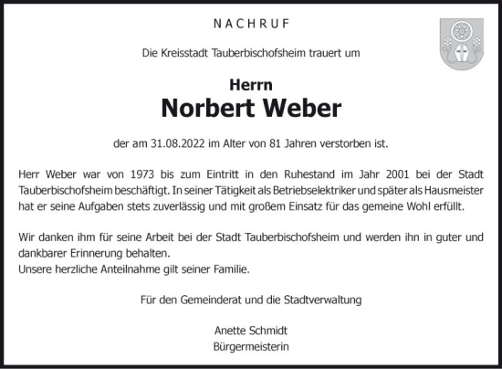 Traueranzeige von Norbert Weber von Fränkische Nachrichten