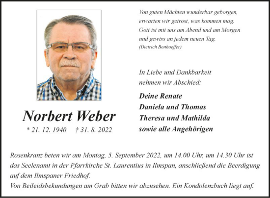 Traueranzeige von Norbert Weber von Fränkische Nachrichten
