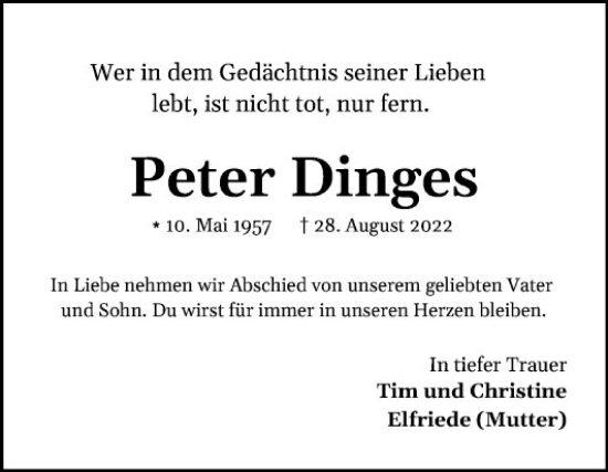 Traueranzeige von Peter Dinges von Mannheimer Morgen