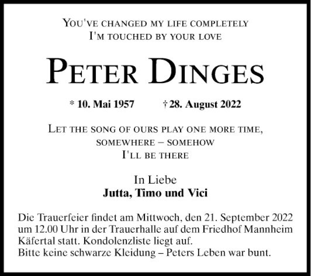  Traueranzeige für Peter Dinges vom 03.09.2022 aus Mannheimer Morgen