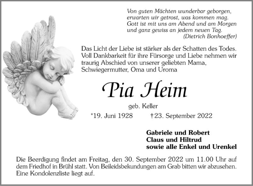  Traueranzeige für Pia Heim vom 27.09.2022 aus Schwetzinger Zeitung