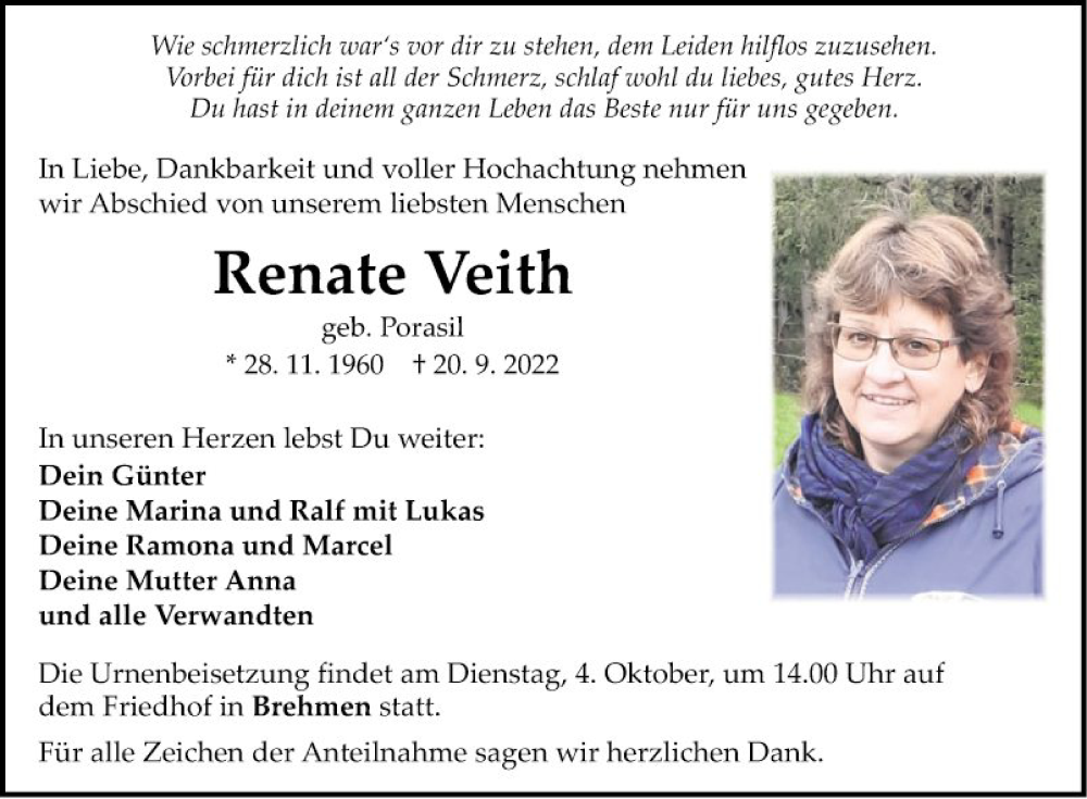  Traueranzeige für Renate Veith vom 28.09.2022 aus Fränkische Nachrichten