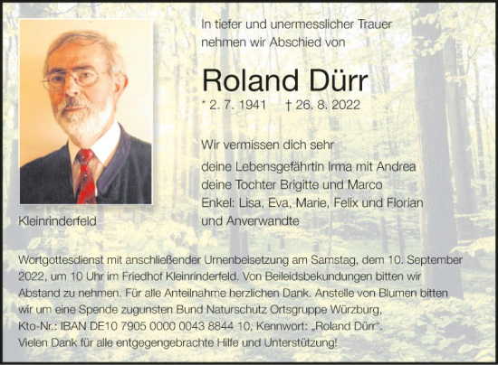 Traueranzeige von Roland Dürr von Fränkische Nachrichten