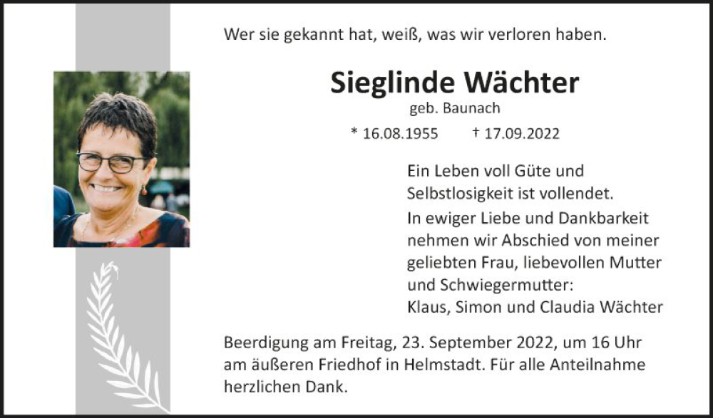  Traueranzeige für Sieglinde Wächter vom 21.09.2022 aus Fränkische Nachrichten