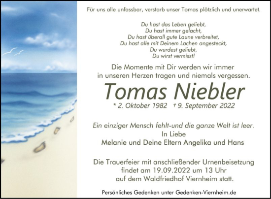 Traueranzeige von Tomas Niebler von Mannheimer Morgen