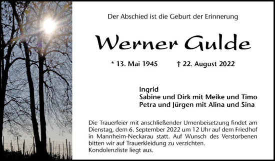 Traueranzeige von Werner Gulde von Mannheimer Morgen
