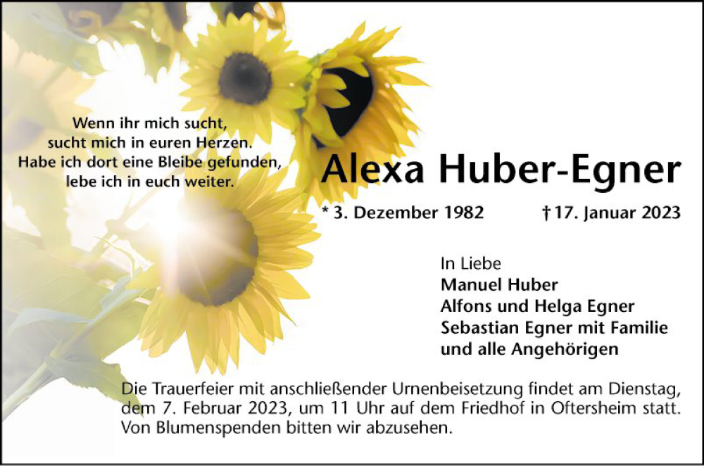  Traueranzeige für Alexa Huber-Egner vom 28.01.2023 aus Schwetzinger Zeitung