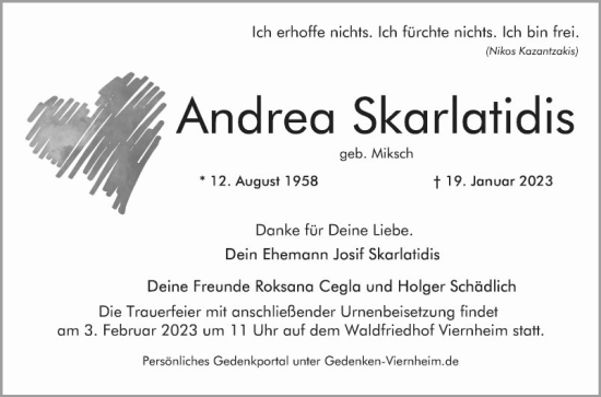 Traueranzeige von Andrea Skarlatidis von Mannheimer Morgen