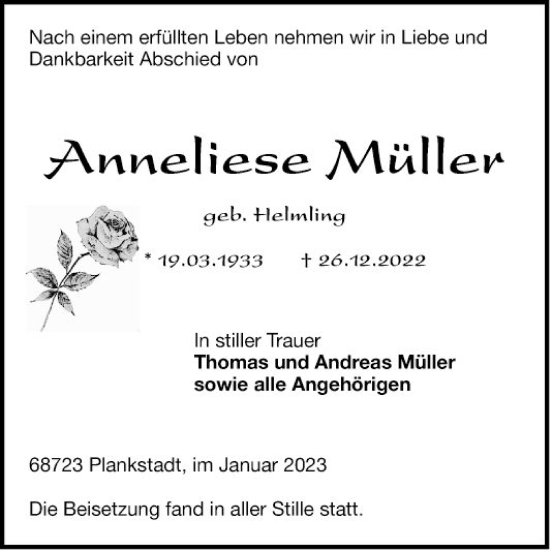 Traueranzeige von Anneliese Müller von Schwetzinger Zeitung